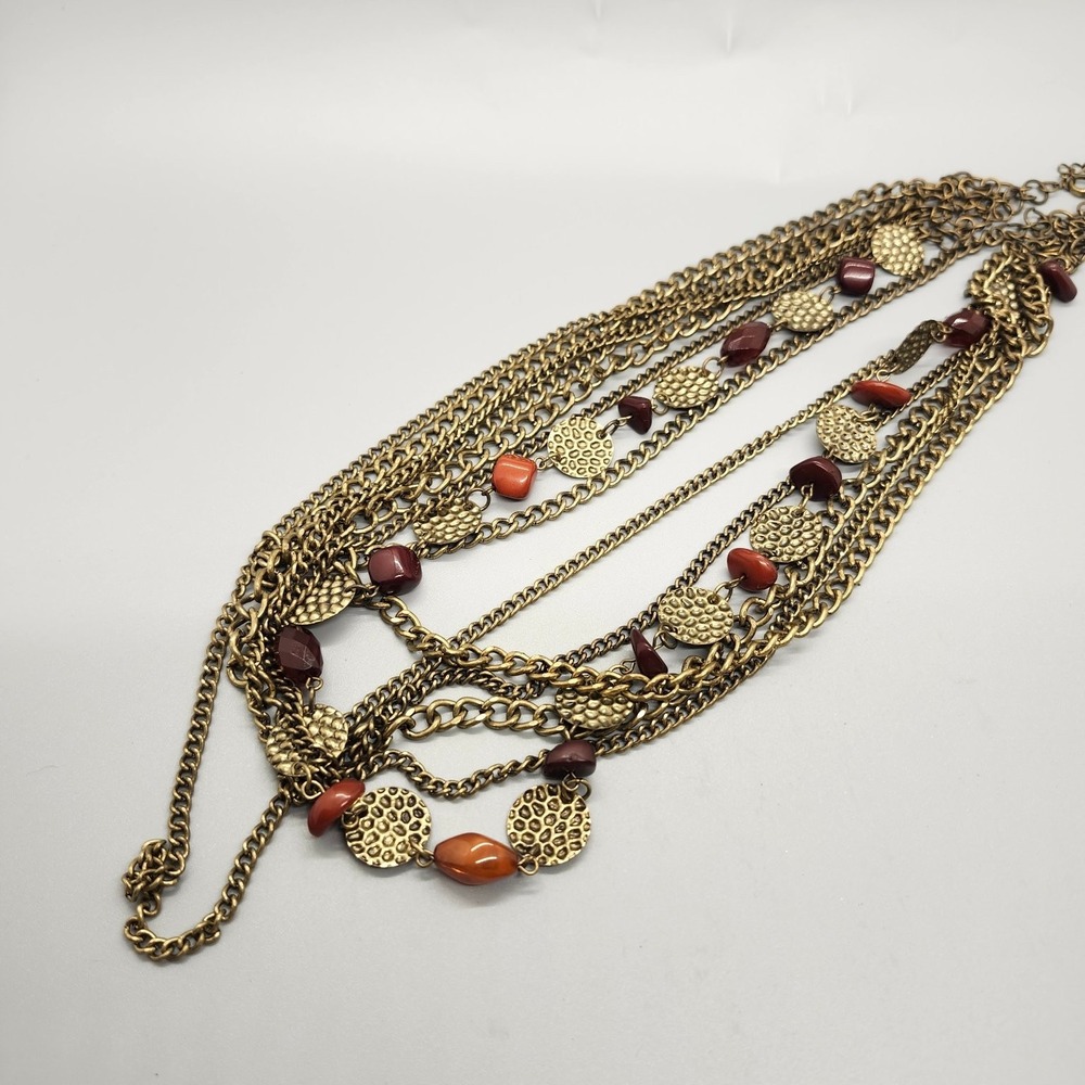 Long Multi-Strand Layered Statement Necklace Antique Gold Tone Red Orange Beads - Picture 2 of 3